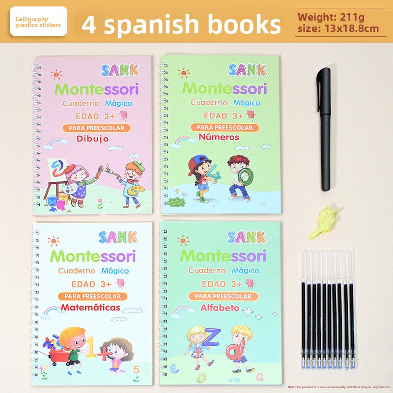 Activity Books set with four colorful Spanish preschool writing practice notebooks, spiral-bound with playful illustrations and groove tracing exercises