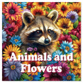 Coloring Books for Adults cover with a colorful raccoon among vibrant flowers and bold white “Animals and Flowers” lettering.