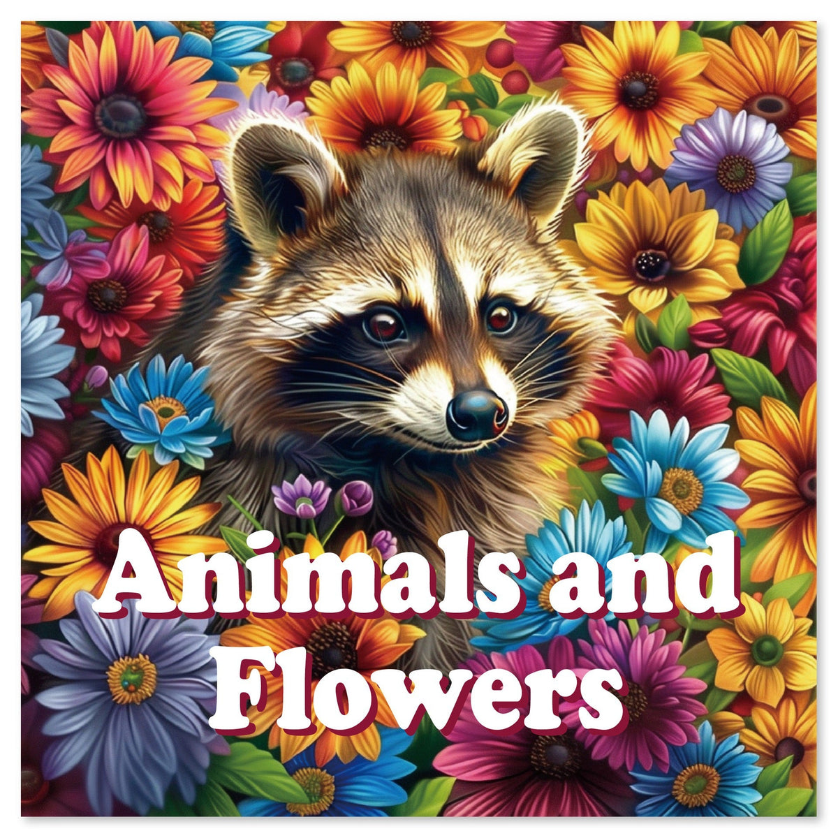 Coloring Books for Adults cover with a colorful raccoon among vibrant flowers and bold white “Animals and Flowers” lettering.