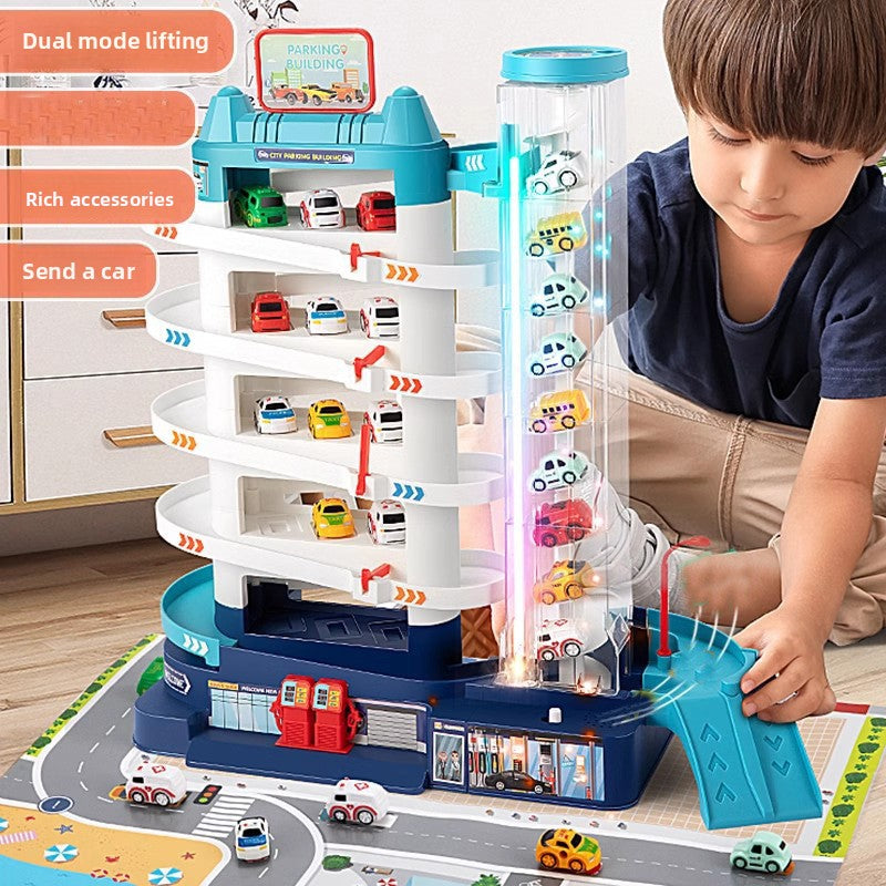 Children Parking Garage Toy Set made of colorful plastic, with white spiral ramps, blue base, lift tower and miniature cars