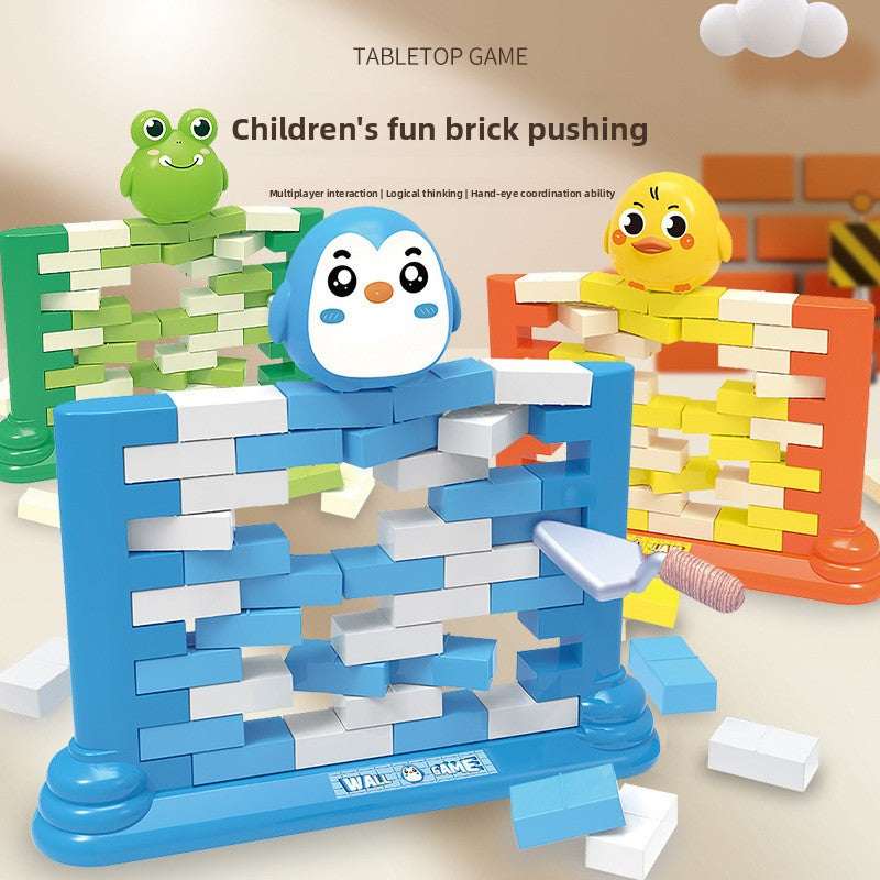 Children's Board Games brick-pushing tabletop set in blue, green and orange plastic, with animal characters and stacked colored bricks.