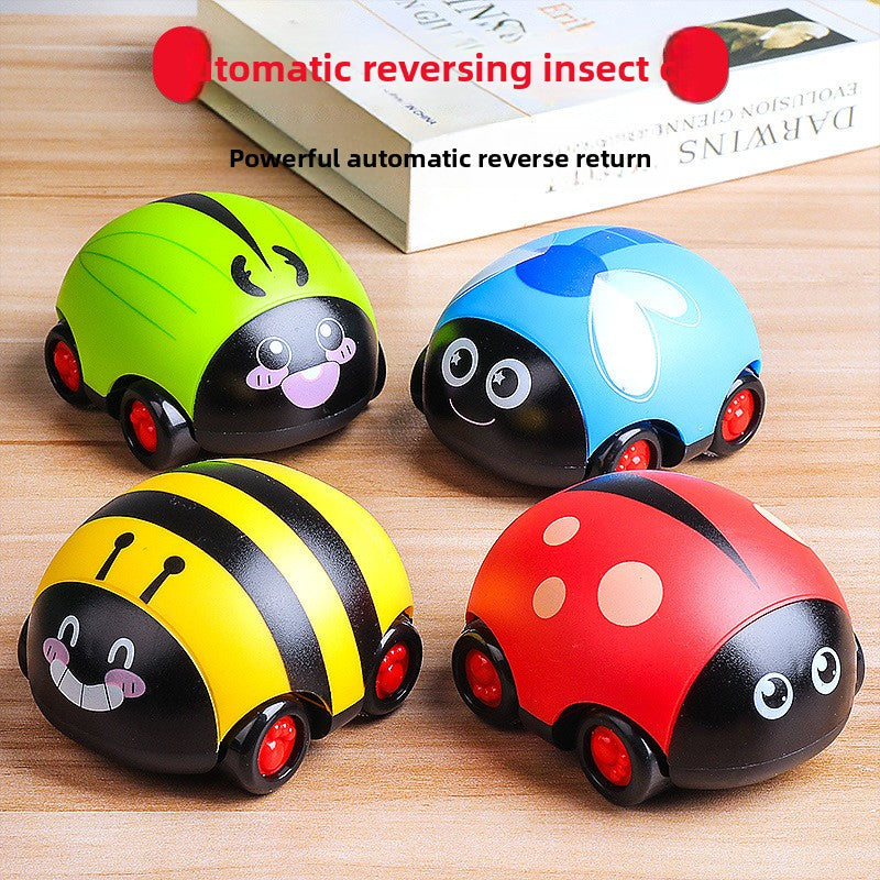 Children's inertial toy cars in green, blue, yellow and red plastic insect shapes, with smiling faces and red wheels.