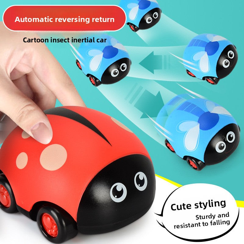 Children's inertial toy cars in green, blue, yellow and red plastic insect shapes, with smiling faces and red wheels.