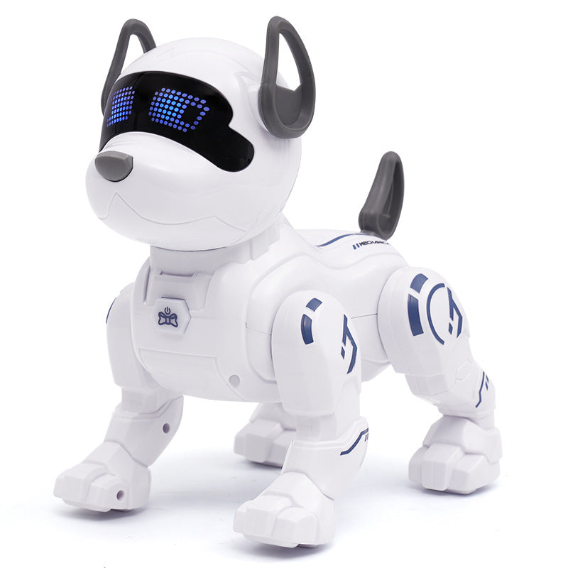 Children's remote-controlled robot dog in white plastic with blue accents, floppy ears and a glowing blue LED face display.