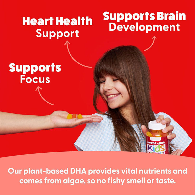 Children's Vitamin Gummies in a clear bottle, with colorful gummy bears and a bright red label featuring kids and omega-3 DHA support.