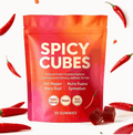 Chili Gummy Candy in a bright red and orange pouch labeled Spicy Cubes, with red gummy cubes shown beside it