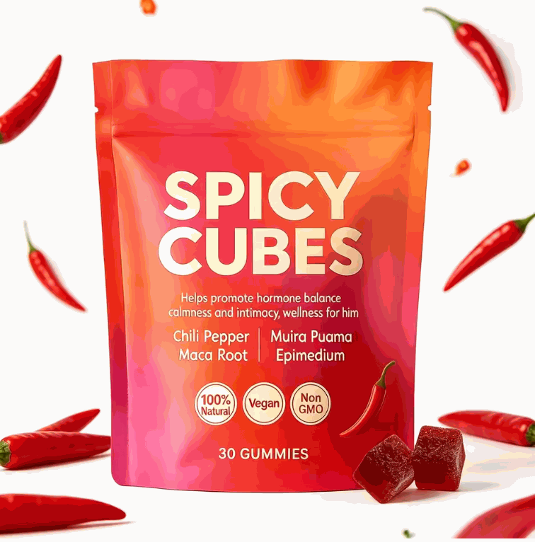 Chili Gummy Candy in a bright red and orange pouch labeled Spicy Cubes, with red gummy cubes shown beside it