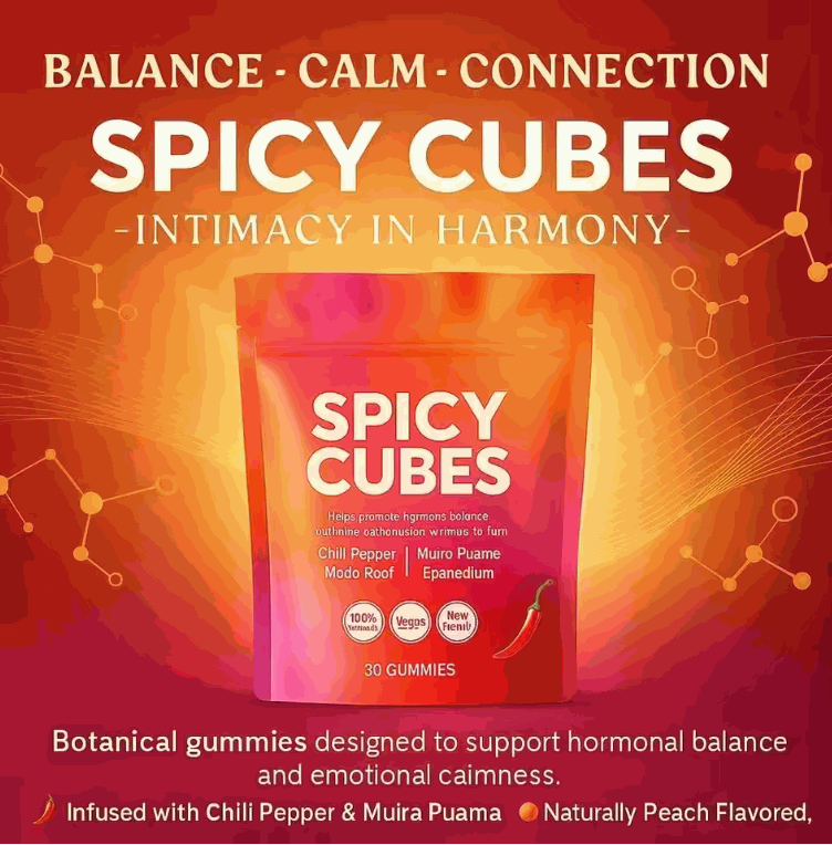 Chili Gummy Candy in a red-orange pouch labeled Spicy Cubes, with chili pepper and botanical flavor claims.