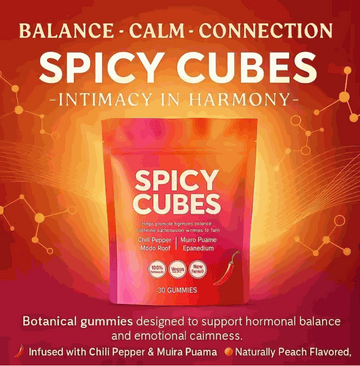 Chili Gummy Candy in a red-orange pouch labeled Spicy Cubes, with chili pepper and botanical flavor claims.