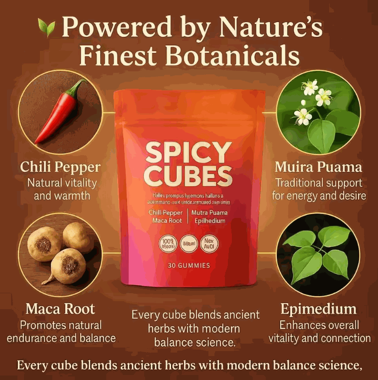 Chili Gummy Candy in a red-orange pouch labeled Spicy Cubes, with chili pepper and botanical flavor claims.