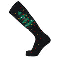 Christmas Compression Socks in black stretch knit with a green Christmas tree pattern and scattered colorful festive motifs