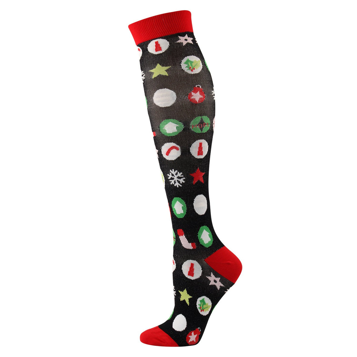 Christmas Compression Socks in black fabric with a red cuff and toe, covered in colorful holiday ornaments, stars and snowflakes
