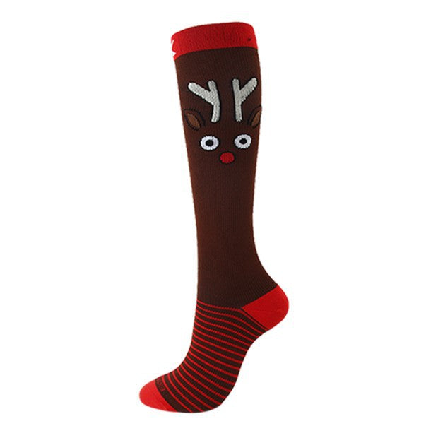 Christmas Compression Socks in brown and red with a reindeer face, striped foot, and ribbed red cuff.