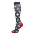 Christmas Compression Socks in charcoal gray knit with white snowflake patterns and bright red heel, toe, and cuff