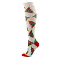 Christmas Compression Socks in cream knit with repeating green Christmas tree motifs, red accents and yellow stars.