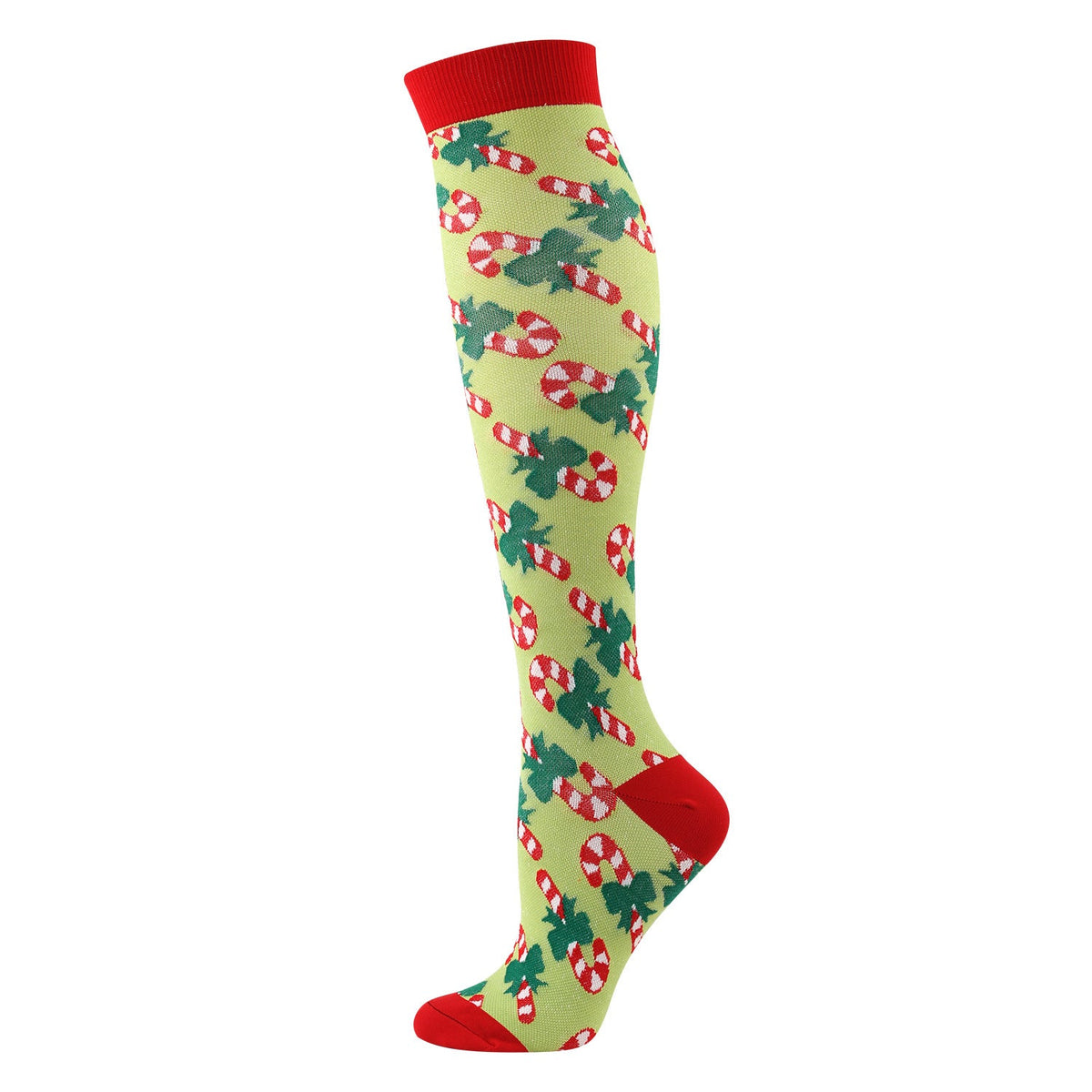Christmas Compression Socks in light green fabric with red candy canes and dark green trees, finished with red cuff and toe
