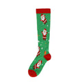 Christmas Compression Socks in green with red cuffs and toes, featuring Santa figures, snowflakes and festive holiday motifs.