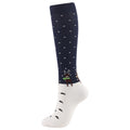 Christmas Compression Socks with navy and white sections, tiny scattered snowflakes, a reindeer motif and black grip marks