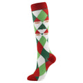 Christmas Compression Socks in red, green, and white with a geometric diamond pattern, Santa faces, and ribbed cuff