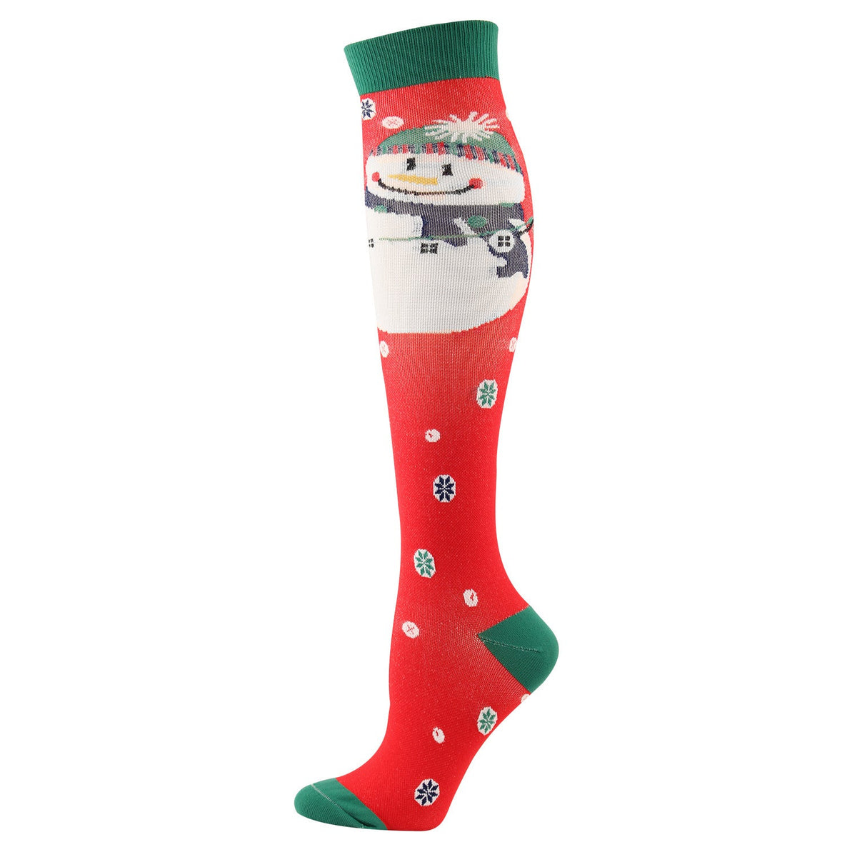 Christmas Compression Socks in bright red knit with green accents, a snowman design, and scattered snowflakes.
