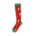 Christmas Compression Socks in bright red with green cuffs and toes, patterned with snowmen, trees and white snowflakes