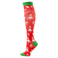 Christmas Compression Socks in red knit fabric with white reindeer and winter motifs, finished with green cuffs and toes