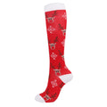 Christmas Compression Socks in bright red with white cuffs and toe, featuring festive reindeer faces and snowflakes