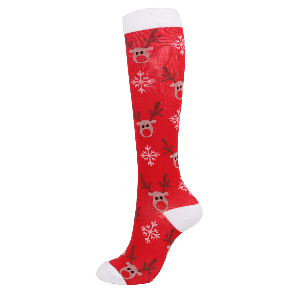Christmas Compression Socks in bright red with white cuffs and toe, featuring festive reindeer faces and snowflakes
