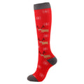 Christmas Compression Socks in bright red with white snowflakes, tan reindeer, and charcoal gray cuffs, heel and toe.