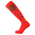 Christmas Compression Socks in bright red knit with a brown reindeer and colorful festive string lights