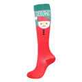 Christmas Compression Socks in bright red with a green cuff, featuring a Santa face and white festive lettering