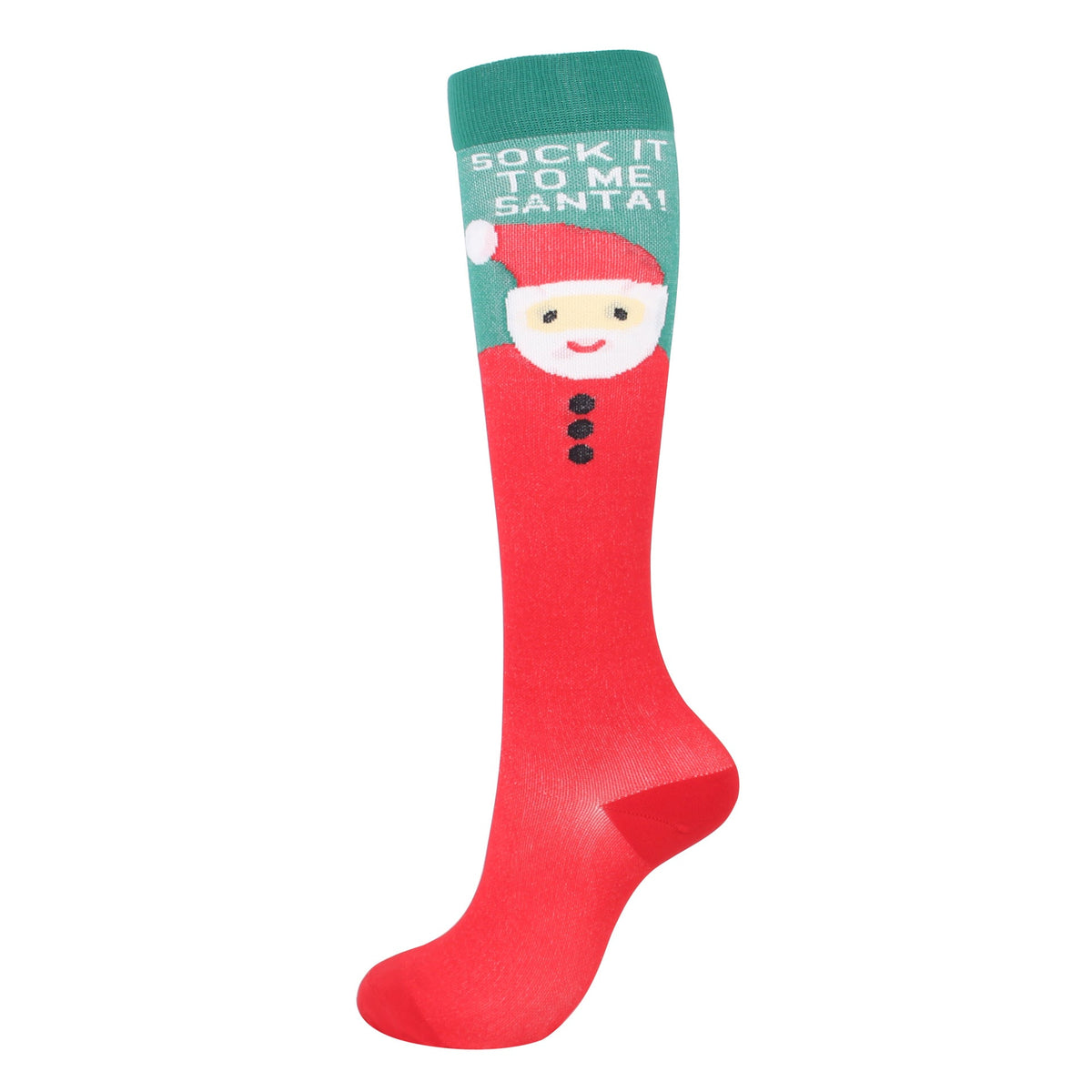 Christmas Compression Socks in bright red with a green cuff, featuring a Santa face and white festive lettering
