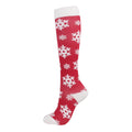 Christmas Compression Socks in bright red stretch knit, patterned with white snowflakes and finished with white toe, heel and cuff