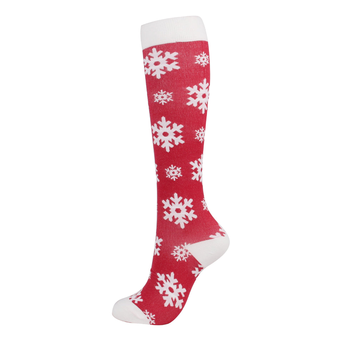 Christmas Compression Socks in red knit fabric with white snowflake patterns, white toe, heel and wide cuff