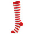 Christmas Compression Socks featuring red and white horizontal stripes, a ribbed cuff and a shaped heel and toe