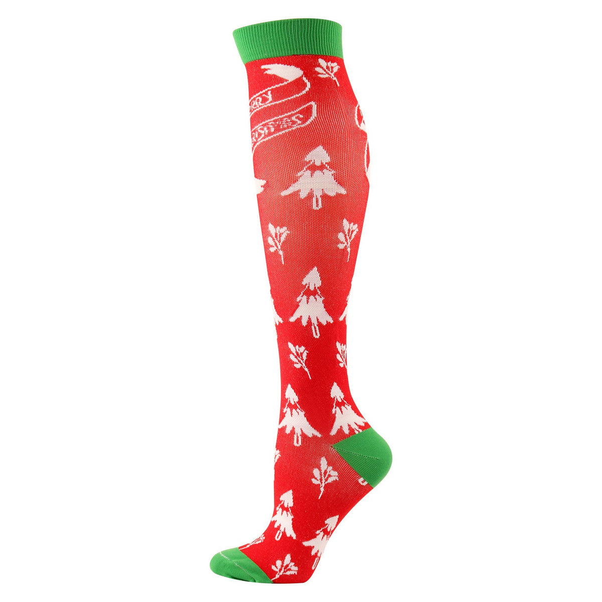 Christmas Compression Socks in bright red knit with white Christmas tree and snowflake motifs, plus green cuffs and toes