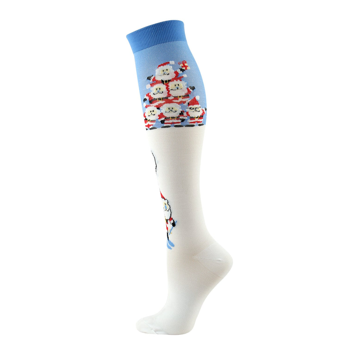 Christmas Compression Socks in white knit with a blue cuff and colorful Santa and snowman motifs