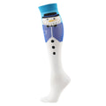 Christmas Compression Socks in white with a blue cuff and snowman design, featuring a black hat and button details