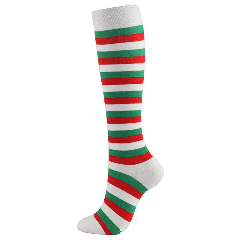 Christmas Compression Socks in white with bold red and green horizontal stripes, ribbed cuff and closed toe