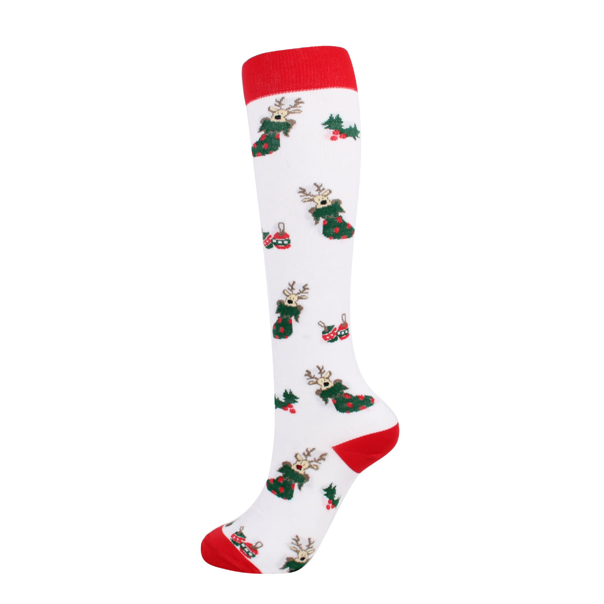 Christmas Compression Socks in white knit fabric with red cuffs, heel and toe, patterned with green trees and reindeer