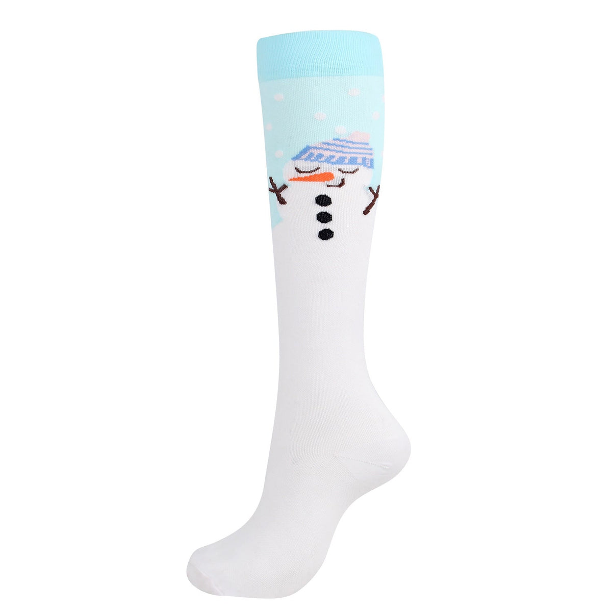 Christmas Compression Socks in white knit with a pale blue cuff, featuring a snowman face, carrot nose and black buttons