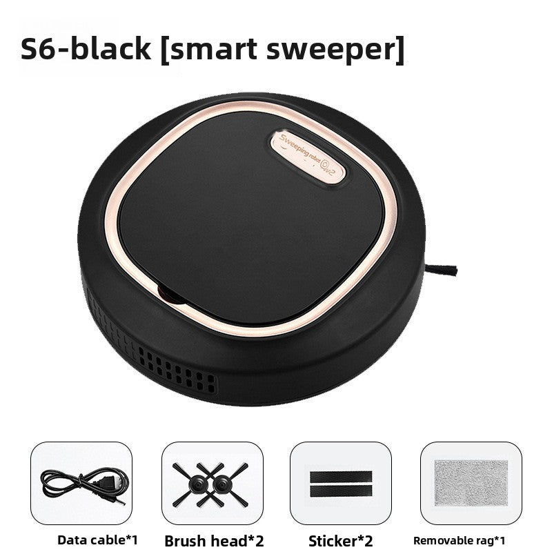 Clean Intelligent Sweeping robot in black ABS with a rounded body, rose-gold trim, side vents and cleaning accessories