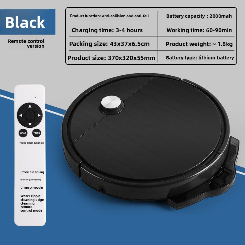 Clean Intelligent Sweeping robot in black ABS with a round low-profile design, silver top button and white remote control
