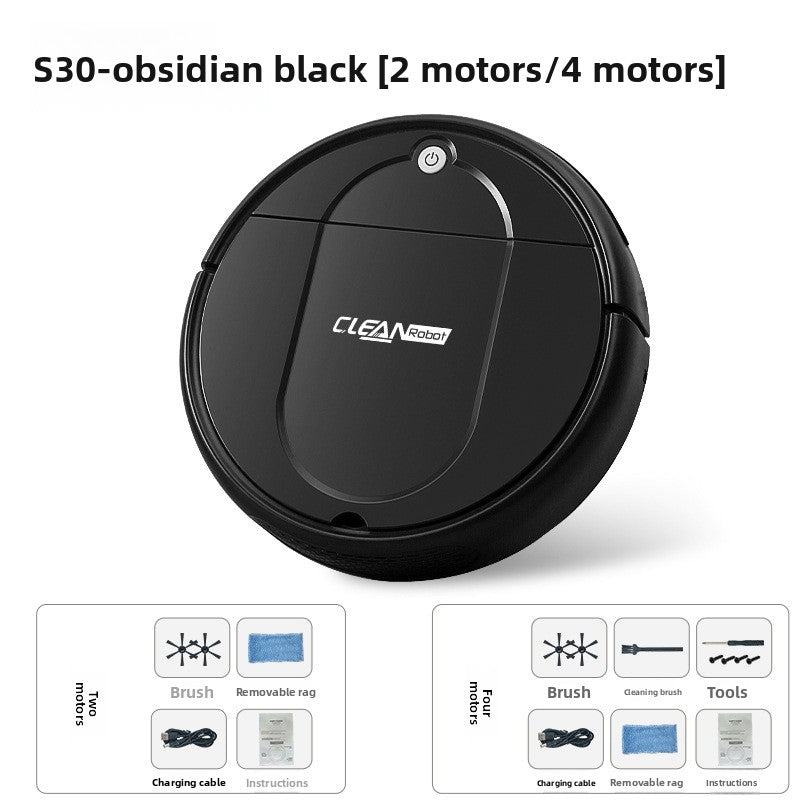Clean Intelligent Sweeping robot in glossy black ABS with a round shape, top power button, and included accessories