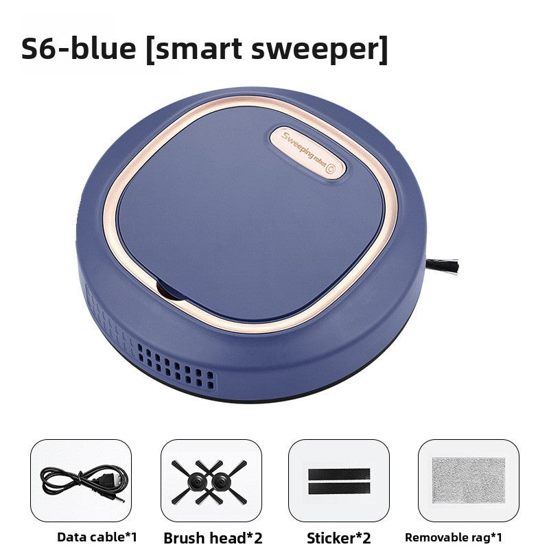 Clean Intelligent Sweeping robot in blue ABS plastic with a rounded body, rose-gold trim, brush heads and mop cloth
