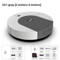 Robot vacuum cleaner in light gray and charcoal ABS plastic, with a round body, central control button, and sweeping accessories; Clean Intelligent Sweeping.