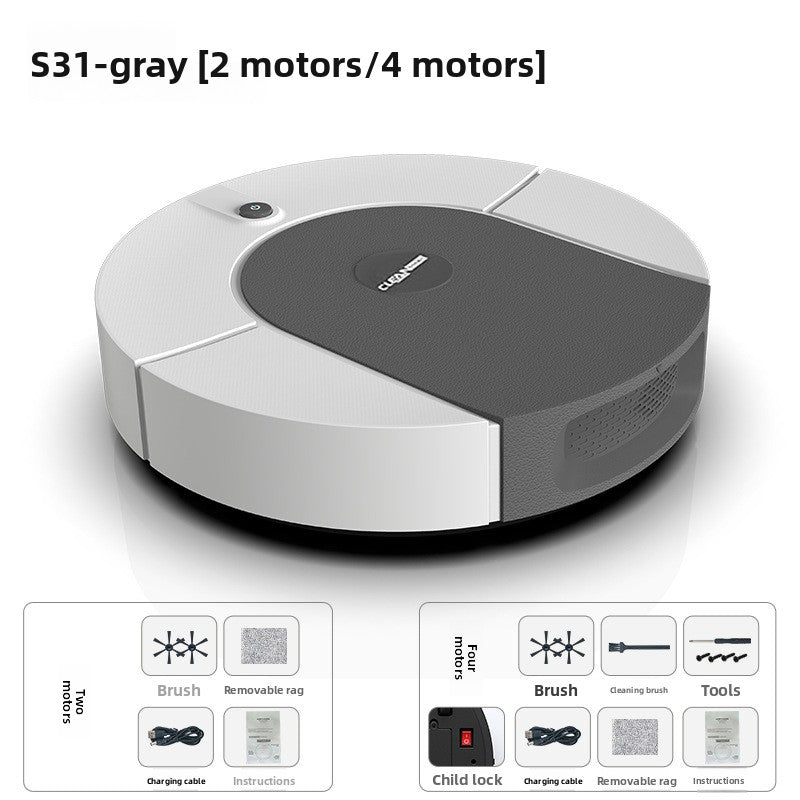 Robot vacuum cleaner in light gray and charcoal ABS plastic, with a round body, central control button, and sweeping accessories; Clean Intelligent Sweeping.