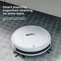 Robot vacuum cleaner in white ABS with black bumper strip and side brushes, shown with Clean Intelligent Sweeping features