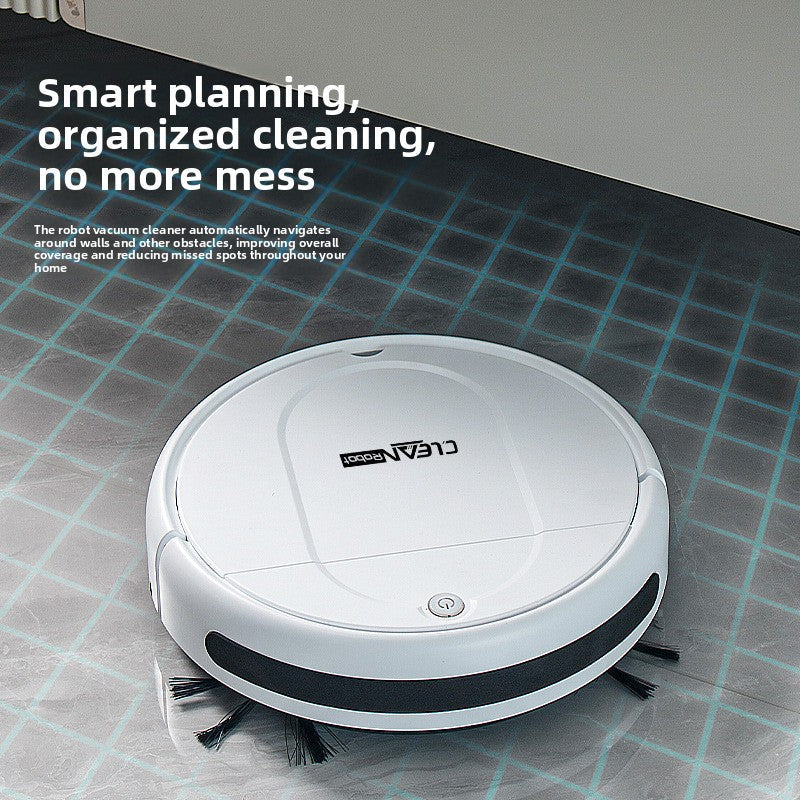 Robot vacuum cleaner in white ABS with black bumper strip and side brushes, shown with Clean Intelligent Sweeping features