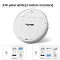 Robot vacuum cleaner in glossy polar white ABS, with a rounded body, top power button and removable mop pad; Clean Intelligent Sweeping.